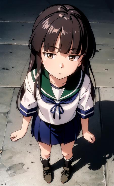 (masterpiece), (best quality), (ultra-detailed), photorealistic, (best illustration), (an extremely delicate and beautiful), 1girl, solo, long hair, hatsuyuki \(kancolle\), brown eyes, blunt bangs, serafuku, <lora:hatsuyuki_nai_4-40:1:lbw=INS_MIDD>, flat chest, hime cut, finely detailed iris, teal sailor collar, short sleeves, pleated skirt, neckerchief, looking up, from above, black socks, (armored boots), expressionless, perspective, standing, <lora:hanme:1>