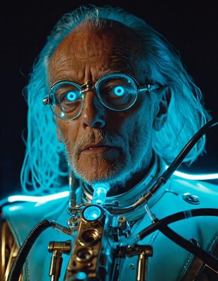 Surrealist art breathtaking cinematic film still close-up portrait of an elderly man in retrofuturistic medical harness, golden mechanical injector hovering near his eye, metallic syringe piercing sclera with precision, vibrant blue bioluminescent liquid flowing into iris, facial skin pale and translucent with visible veins, cybernetic implants around temple, soft ambient light reflecting off polished brass and surgical chrome, expression locked in distant awareness, shallow depth of field, fluid tubes glowing faintly,1980s retrofuturism aesthetic,dramatic top-down lighting,ultra-high detail,photographed on Kodak Ektar 100 film,shot with a Canon EOS-1V and 50mm f/1.2 lens,cinematic composition,mood of clinical detachment and quiet decay,<lora:add-detail-xl:1>,OverallDetailXL,ArsMovieStill,<lora:MJ52_v2.0:0.7>,<lora:EldritchCandids1.1.2:0.3>,<lora:EpicF4nta5yXL:0.4>,<lora:Year_3000_Movie_Stills:0.7> . shallow depth of field, vignette, highly detailed, high budget, bokeh, cinemascope, moody, epic, gorgeous, film grain, grainy . award-winning, professional, highly detailed . Dreamlike, mysterious, provocative, symbolic, intricate, detailed