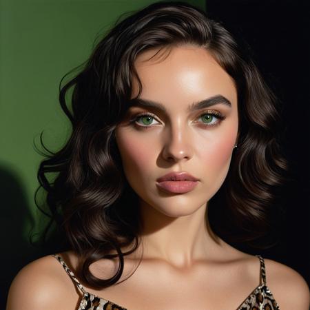 A captivating close-up portrait of a woman with dark, wavy hair, styled elegantly, set against a contrasting dark background that emphasizes the features of her face. The lighting is soft yet dramatic, casting gentle shadows and creating depth, highlighting her high cheekbones and well-defined jawline. The woman's piercing green eyes are prominent, drawing viewers in, while her slightly parted lips are painted with a subtle pink hue. She wears a shimmering, animal print spaghetti strap top that adds texture to the image, further illuminating her collarbone and shoulder area. The composition is intimate and engaging, using a tight crop that focuses on her facial expression, which exudes confidence and allure. The overall style blends modern portraiture with hints of glamour, enhancing the artistic visual narrative. Technical aspects include a shallow depth of field that blurs the background slightly, pulling attention to the subject, with a balanced color palette dominated by earthy tones that evoke sophistication. ernst ludwig kirchner expressionism painting style