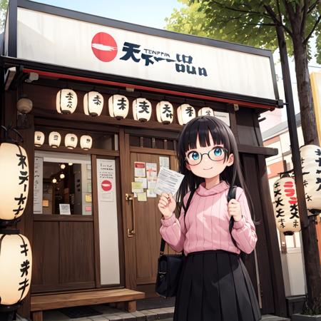 best quality, ultra-detailed, illustration,
1girl, glasses, black hair, long hair, happy, smile, looking at viewer, standing, solo focus, ribbed sweater, skirt, handbag,
tenkaippin, poster (object), outdoors, tree, road, street, shop, sign, storefront, lantern, building, paper lantern, banner, pavement, real world location, day, plant,
<lora:tenkaippin_SD15_V2:0.8>