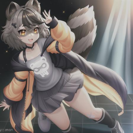 <lora:Snuffy:1>, raccoon girl, raccoon tail, masterpiece, best quality, CG, wallpaper, HDR, high quality, high-definition, extremely detailed, close up, solo, dynamic pose, full body, small breast, cute face, hair ribbon, black ribbon, glowing eyes, oversized clothes, orange jacket, hdr, [semi-realistic:1.2:20], len flare, ray tracing, light, cloud,sky ,depth of field, ((birthday party, cake))