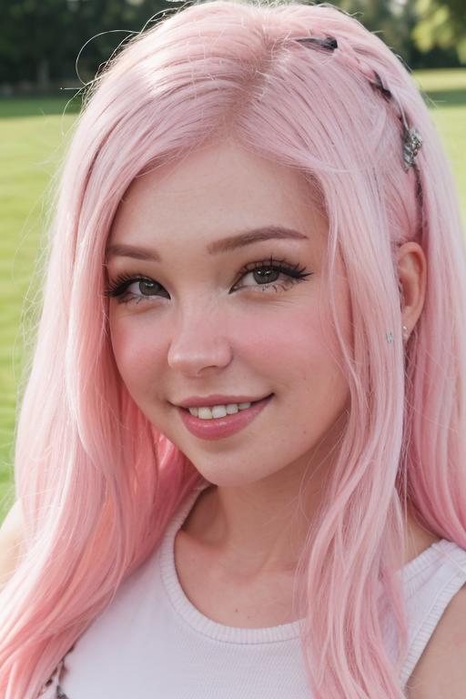Pink-Haired Girl with Pink Eyes Looking at the Camera