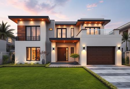 exterior of a modern indian house, decor, wide view, with a garage and lawn