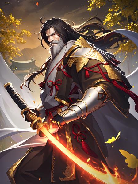 masterpiece,best quality,highres,cinematic lighting,dramatic angle,<lora:ShadowverseKagemitsuV1-000021:0.8> ,1 old man,black hair ,white beard,falling leaves,holding weapon,katana,sheath,glowing weapon,flaming weapon,japanese clothes,armor,ribbons,knots,wide sleeves,gauntlets,jewelry,grey eyes,portrait,looking at viewer,dynamic pose,dynamic angle