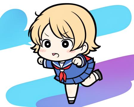 standing on one leg, arms forward, running, serafuku, robinish_pose, <lora:robinish_pose:0.5>, |_|, 0_0, super_deformed, (superman:0.5), detailed_face, chibi