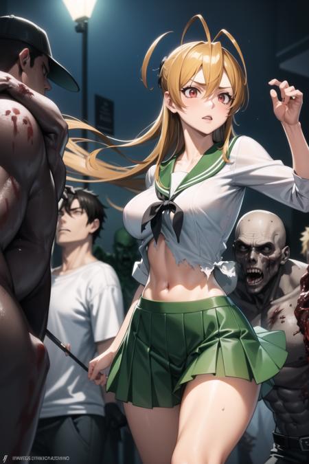 <lora:miyamoto_rei_v1.5:1> 
miyamoto rei, school uniform, torn clothes, street, night, fleeing, white shirt, green skirt, 
<lora:zombie_v1.3:0.8> multiple boys, zombie,, masterpiece, best quality, highly detailed