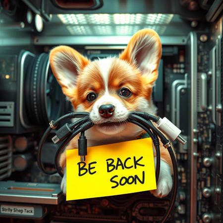 semirealistic, a cute/charming corgi puppy with multiple unplugged computer cords in its mouth, inside a computer motherboard. THE message "BE BACK SOON" written on a yellow sticky note, detailed mirroring horizon, wining award digital art, hight detailed, Insane resolution. Insane details. Masterpiece. 32k resolution. casting shadow style, cucoloris patterned illumination, cinematic composition and lighting. Very detailed.