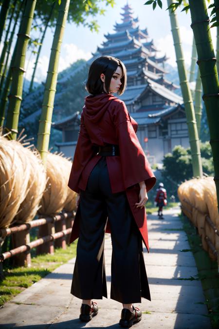 1girl, fullbody, standing, slim, (bamboo trees), kabuto, red samurai armor, misty air, strong sunlight, mossy path, mountain village, huge weapon, mountain top scenery, full length robes, pants, shoes