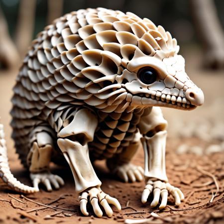 close up photo of a (cute pangolin:1.4) curled into a protective ball, its overlapping scales transformed into an intricate mosaic of interlocking bone plates, each scale meticulously detailed with tiny ridges and grooves, its delicate paws and snout peeking out, also formed from articulated bones, illuminated by a warm, golden light, highlighting the texture and detail, soft shadows, shallow depth of field, naturalistic pose, intricate details, ultra sharp, exquisite detail, flawless composition, earthy color palette, masterpiece, blurred natural background <lora:Bones_World_Morph:1> boneswm,