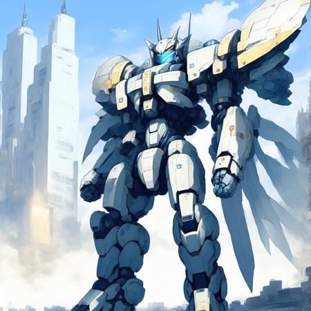 anime Mobile Suit gundam, Mecha standing in an Advanced Cityscape (GundamCityscape style:1) <lora:djzGundamCityscape:0.8)