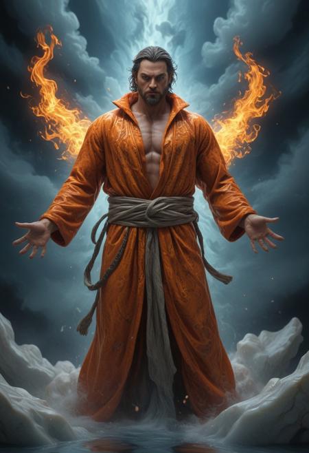 <lora:GeekyXL_Liquid_Marble:0.8>,liquid marbel,Male figure in orange robes, centered in the frame,  manipulating swirling, fiery energy (flames:1.2) around him,  facing forward;  dynamic pose;  robes flowing,  gold accents on the clothing;  bright orange and yellow flames;  clouds in background;  stylized, anime-inspired;  high detail;  digital painting;  action-oriented scene, fire magic;  detailed facial features;  dynamic composition;  dramatic lighting;  powerful atmosphere;  fantasy art;  8k resolution;  concept art.