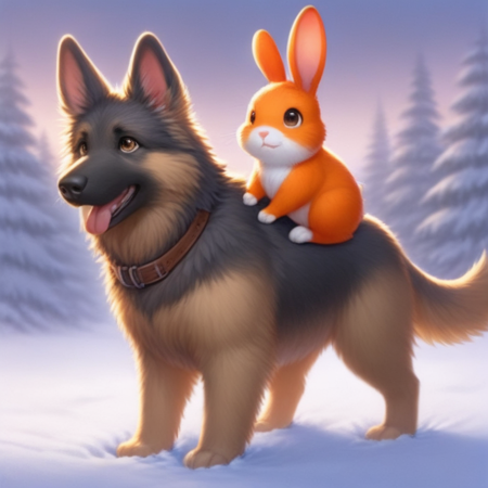 <lora:doggyback_v1.16:1>, doggybackride, dog, bunny, anime, cartoon, dog walking, bunny sitting on dog, dog giving a piggy back ride, german shepherd dog, orange bunny