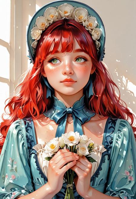 ( watercolor):2, (pastel colors), high detail, (lineless:1.2), (realistic), detailed, depth of field, dynamic lighting, masterpiece, detailed_eyes, high_quality, best_quality, highres, (muted colors), pencil lines,
hyperrealistic, realistic, photorealistic, photography, real, well detailed, High resolution realistic photography, precise details, depth of field, soft shadows, adequate contrast, natural lighting, realistic textures, photorealism, realistic portrait, ray tracing, physically based rendering, 
1boy, femboy , otoko no ko, crossdressing, solo, soft curly hair, red hair, beautiful eyes, detailed eyes, emerald eyes, green eyes, bangs, wavy hair, very long hair, fair skin, faint freckles, blush, red cheeks, mole, gold jewelry, bonnet hat, unkept hair, blue Victorian dress, renaissance collar, Victorian era, charming, beautiful, cute, delicate,  distressed look, looking slightly sideways,  white background, 
holds a bouquet of white flowers in his hands, the bouquet covers his lower face, pink wet lips,