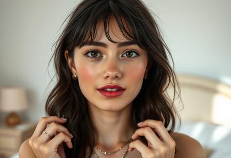 A highly realistic portrait of a 24-year-old alternative girl in soft natural lighting, photographed with a DSLR in a pastel bedroom setting. She has fair skin with visible natural texture — subtle pores, gentle highlights, and a real-skin finish (not airbrushed). Her face has a soft blush, and her dark brown eyes are large but not exaggerated, with almond shape and a very light upward tilt. She has slightly thick, straight eyebrows, a small rounded nose, a well-defined philtrum, and a naturally shaped cupid’s bow. Her lips are proportional and elegant, not overly full, and her two front teeth are slightly more prominent in a cute way. Her hair is dark brown with darker roots, slightly wavy, falling naturally with flyaways. She wears two small hoop piercings on one upper ear, earrings in both ears, a layered choker and chain necklace, and rings on both hands. Shot in soft natural daylight with slight shadows, shallow depth of field, bokeh background. Realistic skin texture, no smoothing, high photographic fidelity.