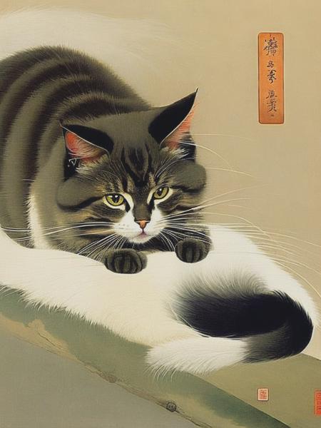 <lyco:OharaKoson:1.0> Lovely Cat painting by Ohara Koson