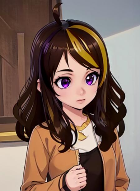 best quality, (masterpiece),(ultra-detailed), (high quality), (high resolution), <lora:kiarafey-10:0.7>, kiarafey, brown hair, long hair, multicolored hair, purple eyes, blonde hair, streaked hair, ahoge