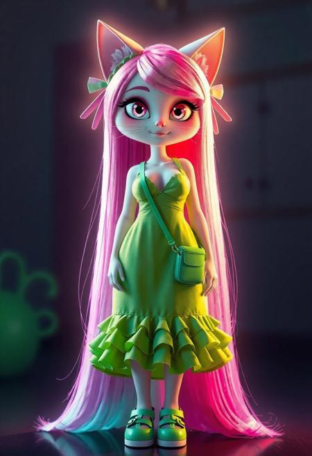 Realistic 3d Pixar , Cat girl with neon pink hair that reaches the floor, sparkling pale pink eyes, voluptious, big boobs, wearing a short, slutty, green sundress with a ridiculous amount of frilly ruffles on the hem, cleavage, cute face, ribbons in hair, green Mary Jane shoes, green cross body purse,  glow, god rays, ethereal, dreamy, heavenly, otherworldly, dream-like, breathtaking, captivating, divine, Bioluminescent, realistic 3d, hd 4k 8k high definition best quality