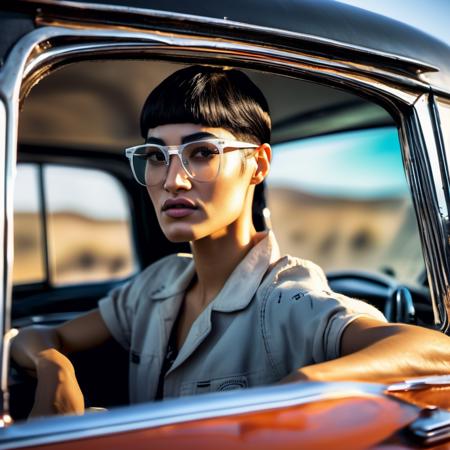 <lora:sofiaboutella_sdxl_lora_256_bf16_19:1> sofiaboutella a woman with a crew cut hairstyle with black fade hair and bangs!!!!!!, with nerdy glasses, in a vintage chevy vintage chevy vintage cabin, in luxury advertisement, rim lighting, dramatic backlighting, beautiful detailed eyes, by ross tran, by larry elmore, by frank frazetta, by clyde, by ivan aivazovsky, by peter palombia