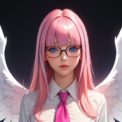 1girl, bangs, heaven background,  blue eyes, blunt bangs, collared shirt, fur trim, glasses, gradient, lips, long hair, looking at viewer, necktie, pink hair, portrait, shirt, simple background, solo, angel wings,