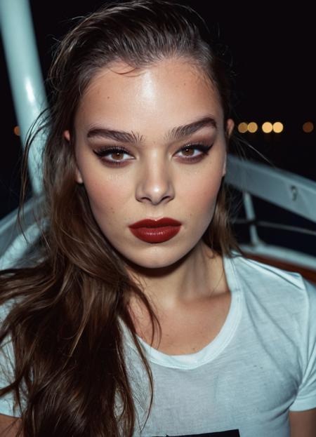 high resolution photo of hail33 woman,long brown hair pulled back,eyeliner,lipstick,close-up,volumetric lighting,wearing t-shirt,night,highly detailed skin,pores,skin imperfection,on a boat,dramatic tone