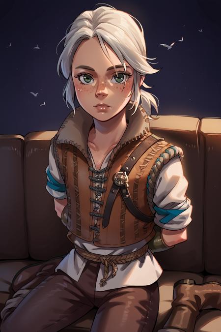 Ciri_Young green eyes, freckles, ponytail tunic, leather bracers, leather boots, brown pants, belt, vest,