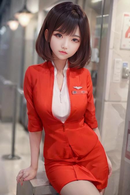 (extremely detailed CG:1.2), (masterpiece:1.2), (best quality:1.2),background,absurdres,cowboy shot,full body,left hand on knee,right hand on ear,(1woman),\(white hair:1.3)\,\((red eye:1.2\)), airasia uniform,red suit,white compression v-neck shirt inside,(red tight skirt:1.4),dynamic pose,standing,(night light:1.3),(beautiful detailed hair),(highly detailed hair),(beautiful detailed eye),(highly detailed eye),(beautiful detailed girl), 
 <lora:Airasia Uniform SD15:1>