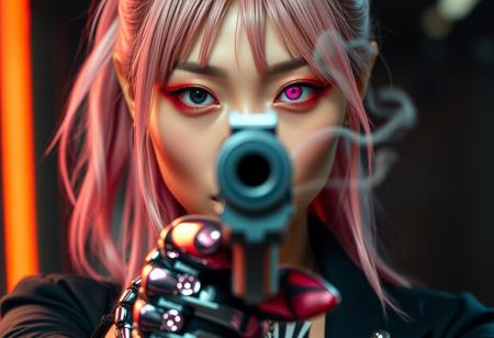 Extreme close-up of a tall, slender Japanese cyberpunk assassin aiming a silver futuristic pistol directly at the viewer. The barrel is centered but slightly blurred in the foreground. Her blush pink hair is in a long ponytail with slightly brushed bangs and loose strands framing her face.
She wears bold red Asian-style eyeshadow, and both highly detailed cybernetic eyes glow faint pink, one eye looking directly down the gun sights.
Her cybernetic hand, visible and gripping the weapon, is finished in glossy pink chrome, intricate and feminine. A thin trail of smoke rises from the barrel, drifting across her calm, cold 
expression. The image is dramatic, intimate, and cinematic — the precise moment after the kill.” Neon bokeh background:1.8