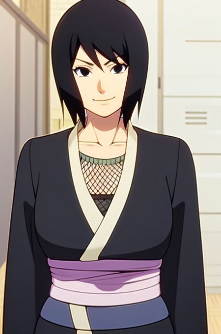 Shizune, short hair, black hair, black eyes, black kimono, white trim, light purple obi, smile, collarbone, mesh shirt