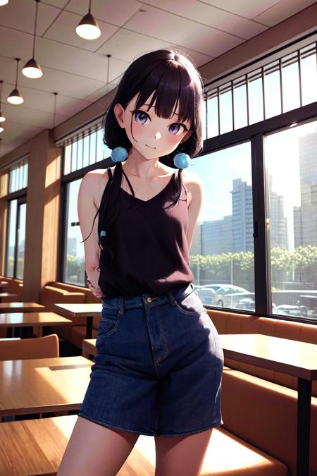 (masterpiece, best quality, absurdres:1.2), MaikaSaku, <lora:Maika5:0.8>, dynamic pose, looking at viewer, (indoors, cafe) arms behind back, front view,