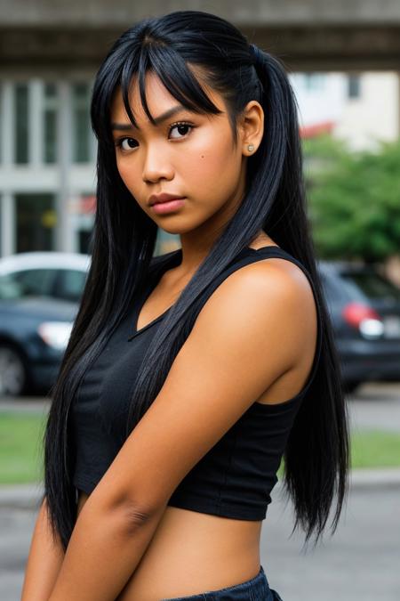 RAW photo of a cute Filipina woman with full lips and long black hair,ponytail,fringe locks,stern worried look