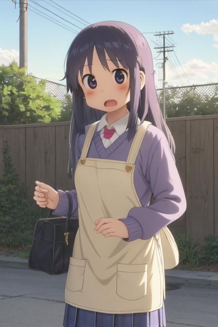 masterpiece, ncjstyle, 1girl, black, light purple hair, low-tied long hair, medium hair, apron, black eyes, nnkey, sky, cloud, open mouth, day, outdoors, power lines, blush, bag, blue sky, sweater, school uniform,