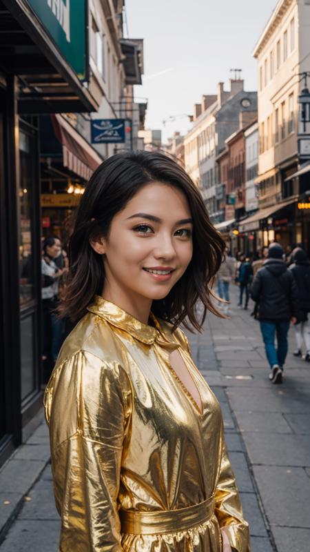 Candid photo of a beautiful woman, with captivating eyes, smiling amidst a bustling city, upper body framing, in a street photography setting, golden hour lighting:1.3), shot at eye level, on a Fujifilm X-T4 with a 50mm lens, in the style of Alfred Stieglitz
