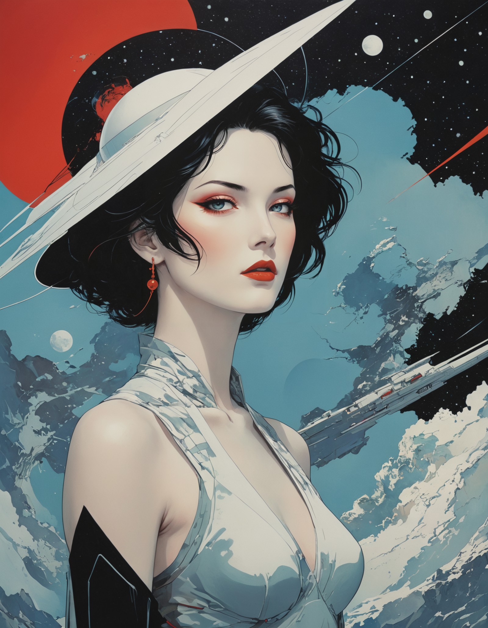 ([by Patrick Nagel|by Kawanabe Kyosai]:1.5), (In a daring odyssey through cosmic gateways, defies the limits of space trav...
