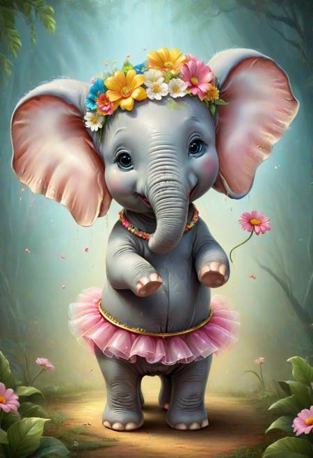 JuggernautNegative, Step into the delightful realm of cute creatures as a charming elephant steals the spotlight, adorned with a lovely flower on its head. This adorable digital painting showcases the cuteness of the elephant in exquisite detail and vivid colors. The cute 3D render brings a sense of depth and charm to this lovable creature. The elephant, wearing a tutu, adds an extra layer of whimsy and playfulness to the artwork, making it both adorable and delightful. With its intricate details and vibrant colors, this artwork stands as a beautiful representation of the magic that happens when creativity and cuteness collide. =<8
