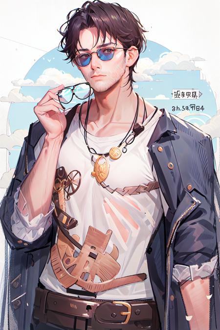 masterpiece,best quality,ultra-detailed,<lora:STF-000006:1>,STF,male_focus,cowboy shot, 
1boy,black hair,Inchhead,short hair,A tuft of beard on the nose, junjie yan,round eyewear, tainted glasses,sunglasses, <lora:junjie-000006:1>