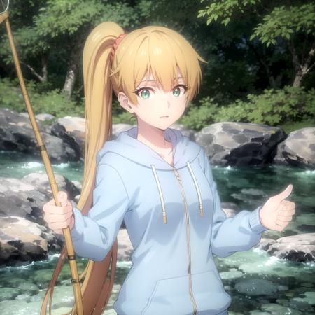 <lora:kirei_shinobi_v1(outall_resize-sv5):1> kirei_olis, 1girl, solo, long hair, blonde hair, side ponytail, green eyes, orange scrunchie, blue hoodie, fishing rod, holding, holding fishing rod, looking at viewer
BREAK
river, water, nature, forest, tree, rock