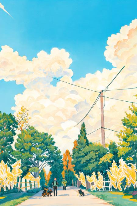 multiple boys, outdoors, trees, grass, dog, kids, backpacks, power lines, long distance, depth of field, sky, expanse, (illustration:1.0), masterpiece, best quality, <lora:Colored lead_20230801210009:0.82>