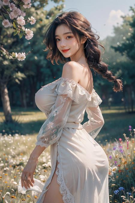1girl,leogirl,tsurime,solo,(smiling,happy:1.25),(bright red lips,blush:0.8),huge breasts,(sagging breasts:1.2),braids,walking,pose,
(multicolored background,see-though high-waist lace chiffon dress with sleeves,huge ass bare thigh,off shoulder:1.2),<lora:add_detail:0.33>,<lora:epi_noiseoffset2:0.5>,<lora:FilmVelvia3:0.25>,
(dreamflower,multicolored_background,A melancholic autumn scene in a vast flower field,a gentle breeze rustling through the dry grass,fallen leaves scattered among the flowers,a bittersweet atmosphere,a moment of quiet contemplation,Soft and warm color palette,delicate brushwork,evocative use of light and shadow,subtle details in the wilting flowers,high contrast,color contrast),<lora:dreamflower:0.4>,<lora:FlowerGarden_v1:0.4>,butterfly,
masterpiece,official art,best quality,high quality,highres,natural light,ray tracing,volumetric light,realistic,photorealistic,ultra highres,vivid,nostalgia,bokeh,
