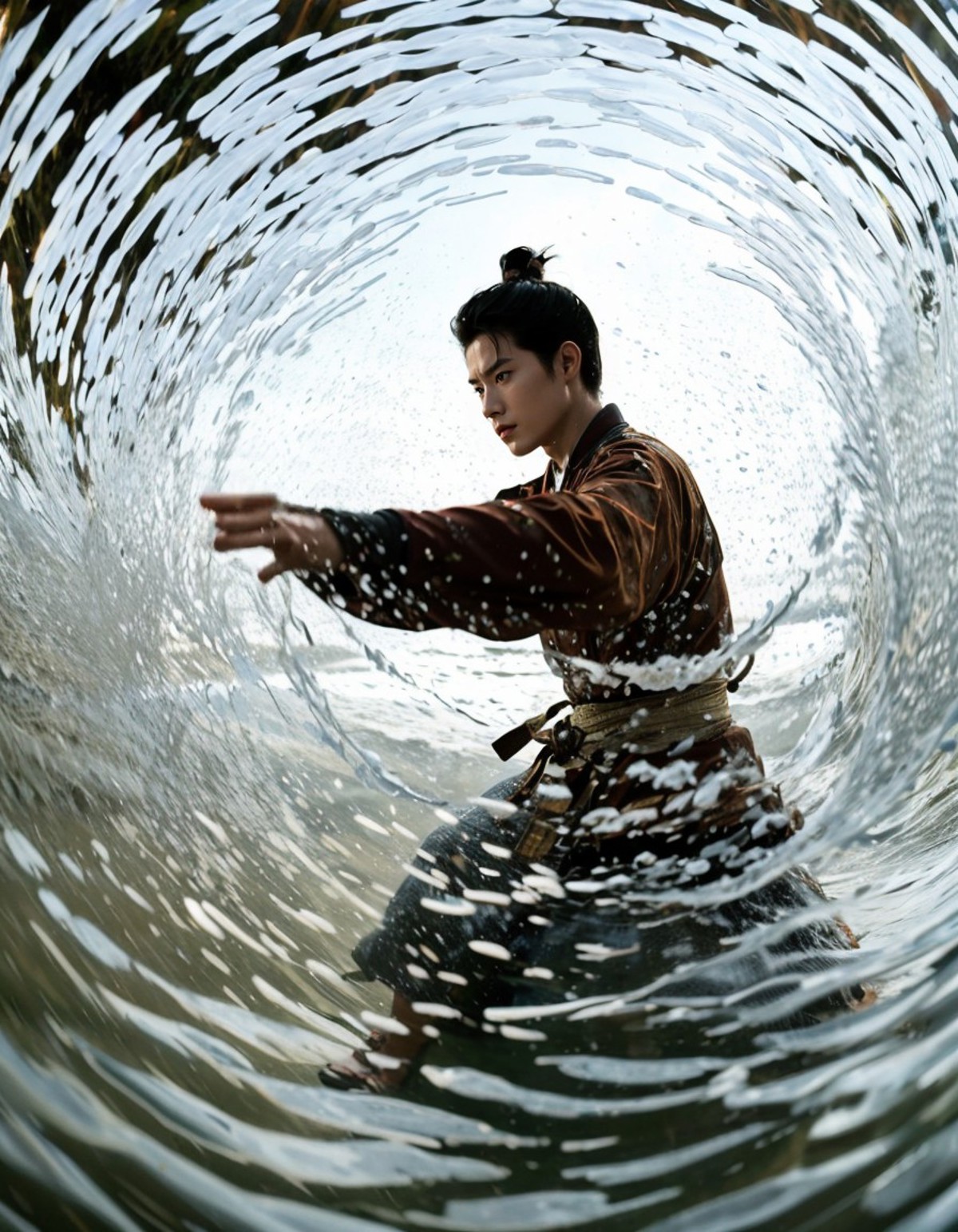 A man in a kimono surfing a wave in the ocean.