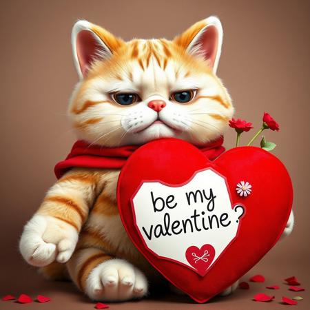 a beautiful big plush cat with a serious and upset face in a costume that lets him move with difficulty a giant red heart with a sign "be my valentine?" and holding some flowers