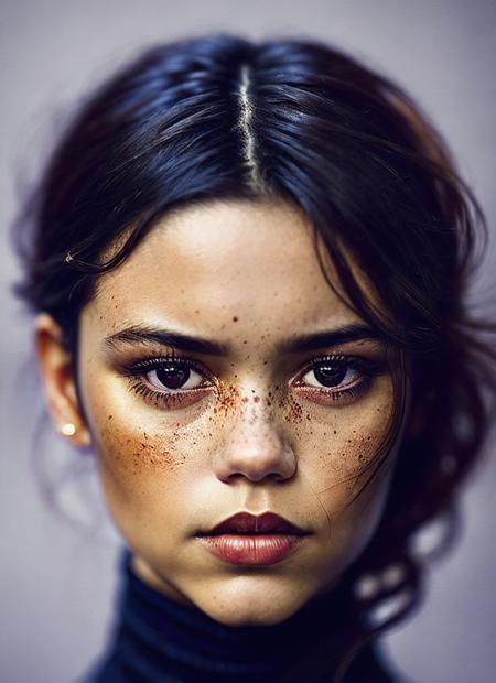 A stunning intricate full color portrait of (sks woman:1), wearing a black turtleneck, epic character composition, by ilya kuvshinov, alessio albi, nina masic, sharp focus, natural lighting, subsurface scattering, f2, 35mm, film grain, <lora:locon_jennaortega_v1_from_v1_64_32:1.25>