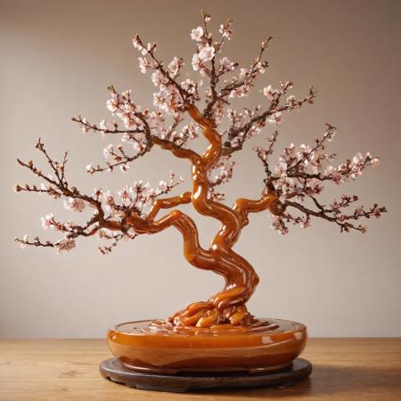 A bonsai plum tree sculpture made of caramel, highly glossy surface, beautifully reflecting light, intricate details of plum branches and blossoms, simple white or light wooden background, warm soft lighting, realistic texture, ultra-high resolution, photorealistic, no people,
caramel, caramel sauce,
8k, score_9, score_8_up, score_7_up,
masterpiece,realistic,ultra detailed, vibrant colors,photo-realistic,