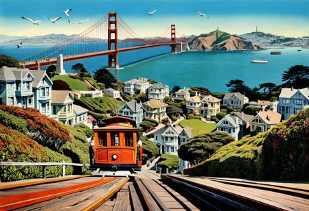 vintage art, Golden Gate Bridge, Lombard Street, Alcatraz Island, Fisherman’s Wharf, Cable Cars, Victorian-style houses, seagulls, and old postcards of San Francisco, 1875