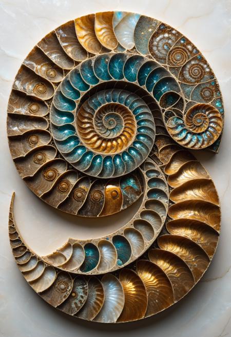 An enigmatic sculpture merging a fossilized ammonite with a Fibonacci spiral, showcasing a golden-ratio-patterned, opalescent shell and an inner chamber of infinitely-recursive, self-similar structures. Photographed in a timeless, mathematical pose using macro photography and cross-polarized light, inspired by the sacred geometries of ancient cultures and the concept of the divine proportion.
<lora:xl_more_art-full-YA-1:0.1>  <lora:grainy-v1:0.5>