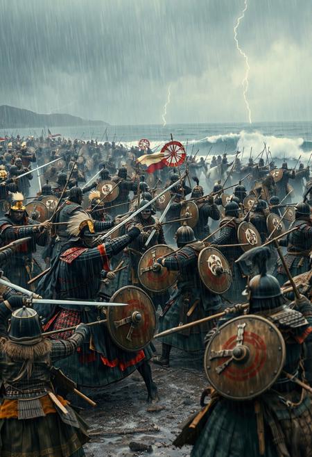 A vivid, cinematic battle on a stormy coastal plain, showing adult Japanese samurai clashing with adult Mongolian warriors in a 13th-century conflict. Rain lashes the scene as warriors engage in intense combat, with ocean waves crashing and distant ranks fading into mist. The atmosphere is chaotic and richly detailed.
Japanese Samurai: Elite samurai, all mature warriors, wield katana and naginata, blades gleaming. Ashigaru spearmen, also adults, form disciplined ranks with yari spears. Samurai wear o-yoroi armor: lacquered iron plates in crimson and black, tied with silk cords, paired with kabuto helmets featuring gold crests and protective menpo masks. Ashigaru wear simpler do-maru armor in muted greens. Tate shields display white clan mon. Weapons include tachi swords, tanto daggers, and yumi bows. Colors are crimson, black, and gold, with blue-white silk sashes billowing.
Mongolian Warriors: Adult Mongol horse archers fire composite bows, while infantry brandish curved sabers and maces. They wear lamellar armor of iron and leather in browns and blues, with conical helmets topped with horsehair plumes. Round shields bear red-black tribal patterns. Cavalry wear fur-lined vests and felt boots. Weapons include short spears and handaxes. Colors are brown, blue, and red, with embroidered saddlecloths.
Stormy skies and lightning highlight wet armor. Mud and battle scars add realism.