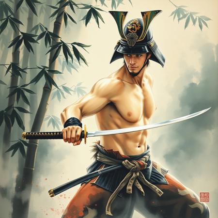 ethereal misty ink wash painting, handsome shirtless samurai, wearing a samurai helmet, his katana gleaming as he practices his forms in a misty bamboo grove, vivid colors