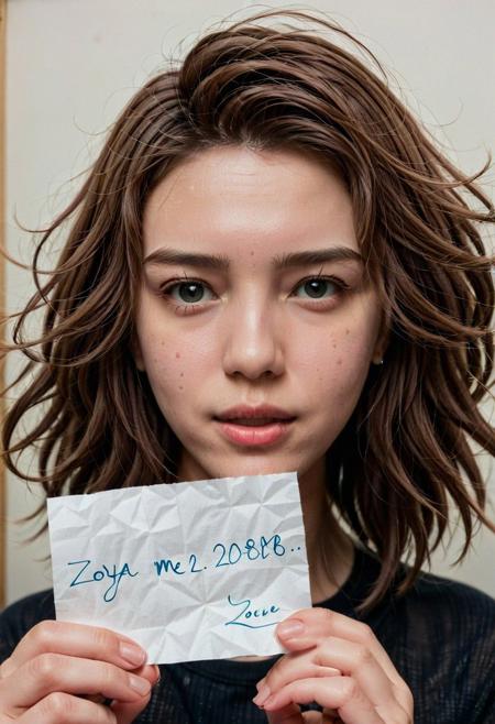phone camera photo of 1GIRL holding a pice of paper with handwritten text ''zoya 0972340288 call me''