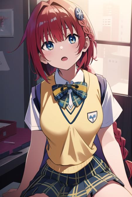 meakurosaki, <lyco:meakurosaki-LYCORIStest:1>,
mea kurosaki, ahoge, blue eyes, braid, hair intakes, hair ornament, long hair, red hair, hair braid,
BREAK green skirt, plaid, plaid skirt, sainan high school uniform, school uniform, skirt, shirt, white shirt, sweater vest, (yellow sweater vest:1.5),
BREAK looking at viewer,
BREAK indoors, classroom,
BREAK <lora:GoodHands-vanilla:1>, (masterpiece:1.2), best quality, high resolution, unity 8k wallpaper, (illustration:0.8), (beautiful detailed eyes:1.6), extremely detailed face, perfect lighting, extremely detailed CG, (perfect hands, perfect anatomy),