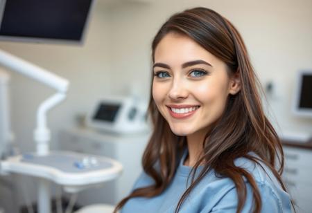 Beautiful real young woman, dentistry work space at the background