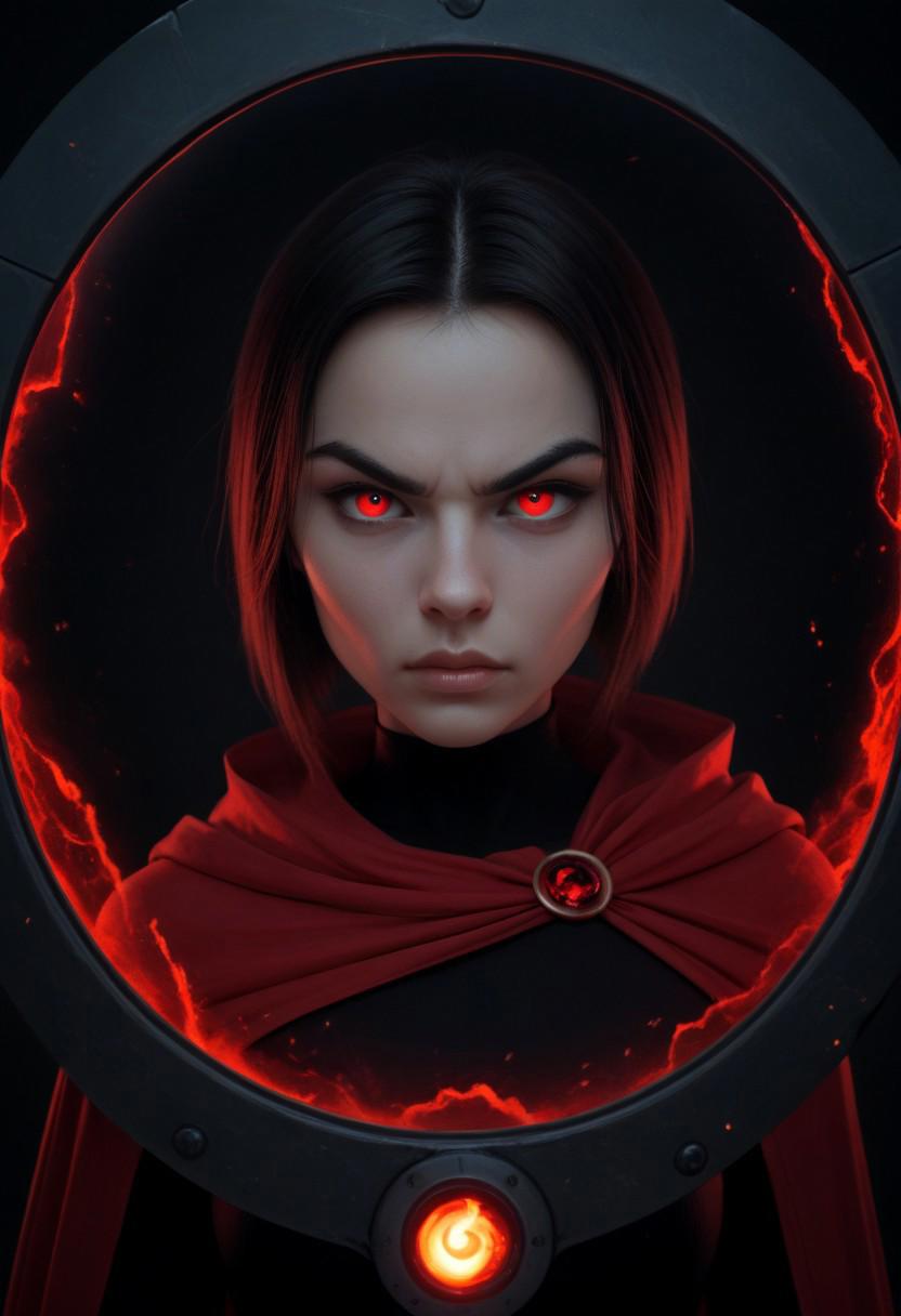 score_9, score_8_up, score_7_up, score_6_up, ravenDC, 1girl, solo, portrait, glowing, looking at viewer, simple background, black background,  ((4 red eyes)), (eyes all red, eyes glowing red, hateful expression, angry expression), red cape, red theme, short hair, skin tight clothes, black (magic portal in background, glowing black), half out of portal, leaning out of portal.